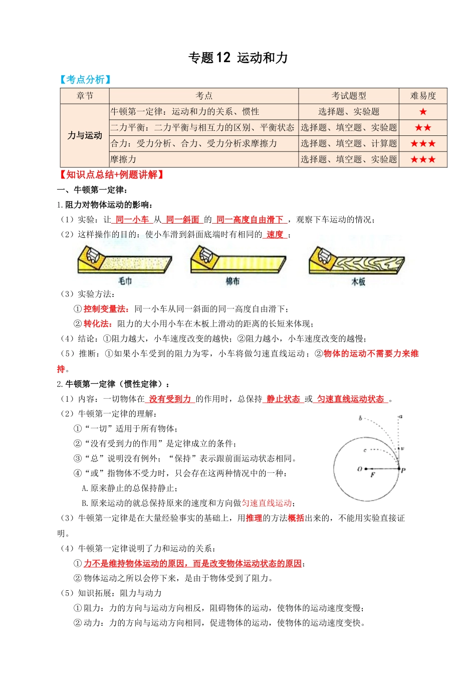 专题12运动和力（知识点复习+例题讲解+过关练习）-备战2023年中考物理一轮复习考点帮 （解析版）.docx_第1页