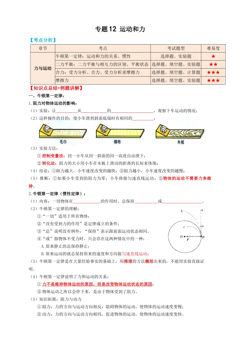 专题12运动和力（知识点复习+例题讲解+过关练习）-备战2023年中考物理一轮复习考点帮 （原卷版）.docx_第1页