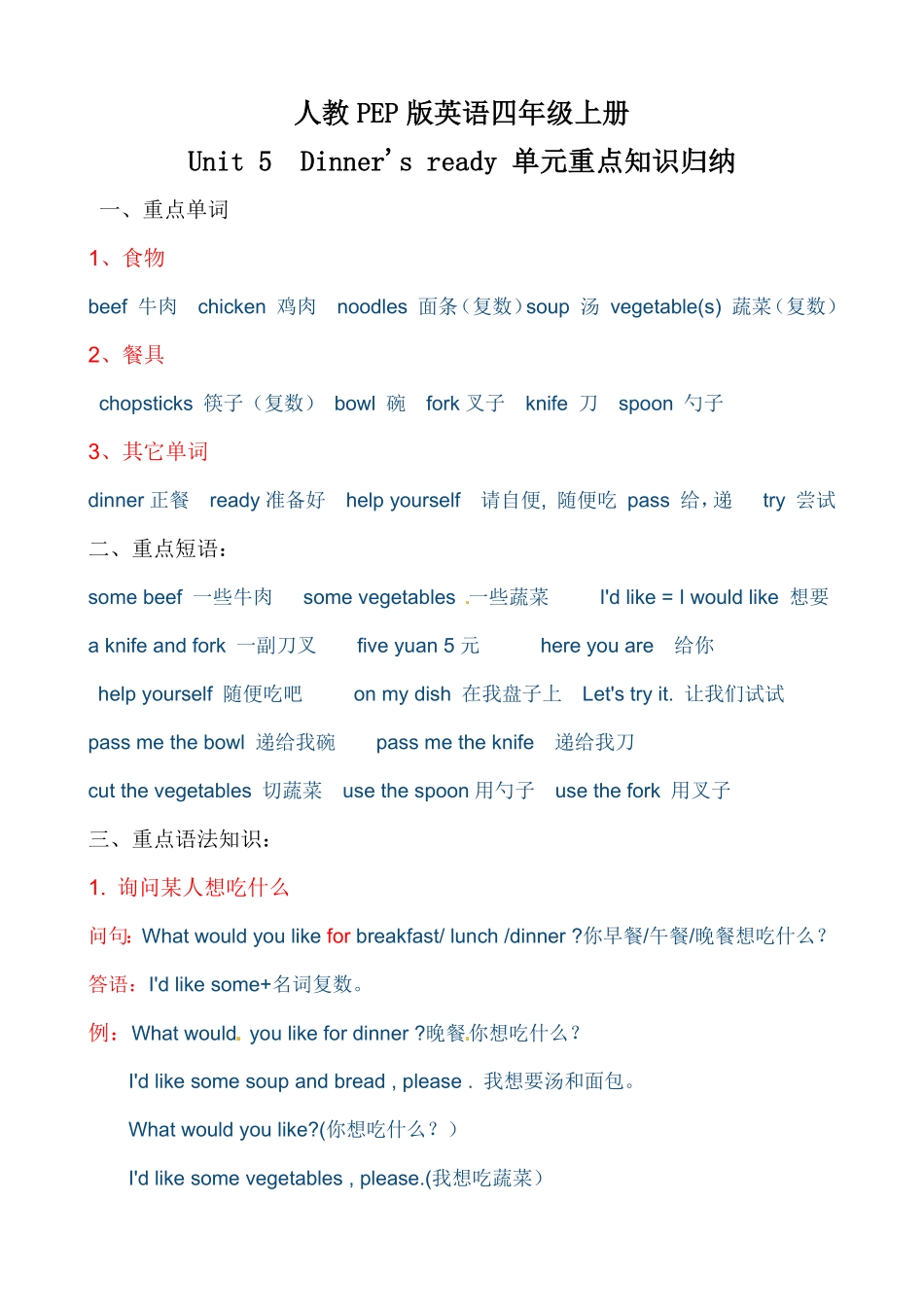 人教PEP版英语【考点一网打尽】四年级上册单元重点知识归纳-Unit5Dinner'sready含答案.pdf_第1页