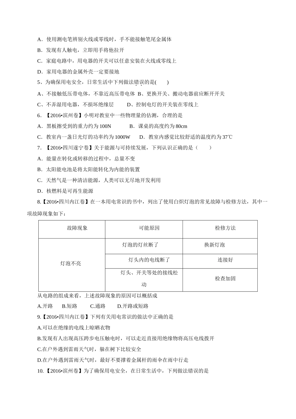 专题14 电功率和电热 安全用电（第01期）-2016年中考物理试题分项版解析汇编系列（原卷版）.doc_第2页