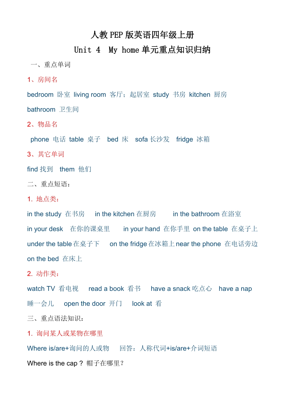 人教PEP版英语【考点一网打尽】四年级上册单元重点知识归纳-Unit4Myhome含答案.pdf_第1页