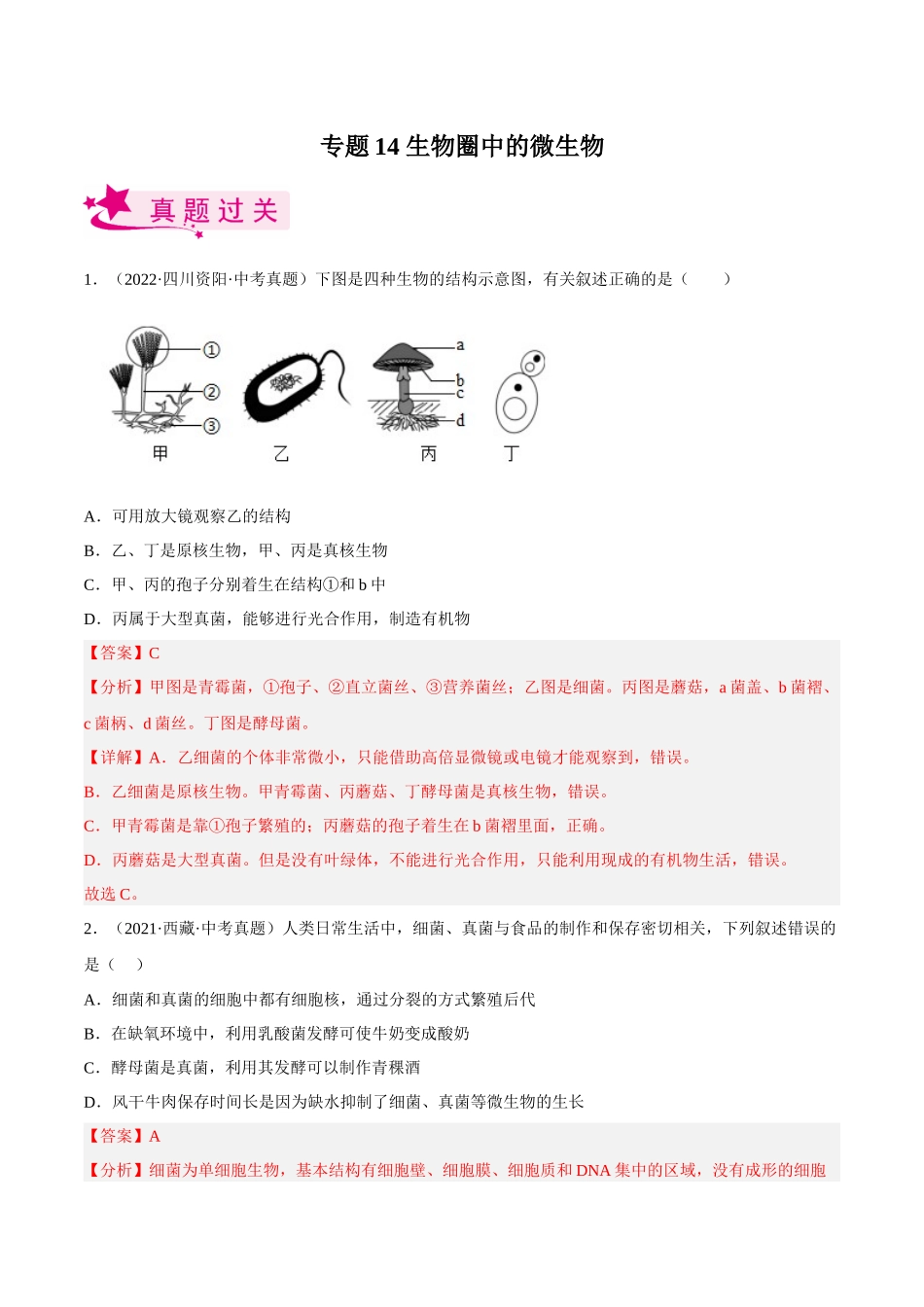 专题14 生物圈中的微生物（习题）（解析版）-备战2023年中考生物一轮复习考点（全国通用）.docx_第1页