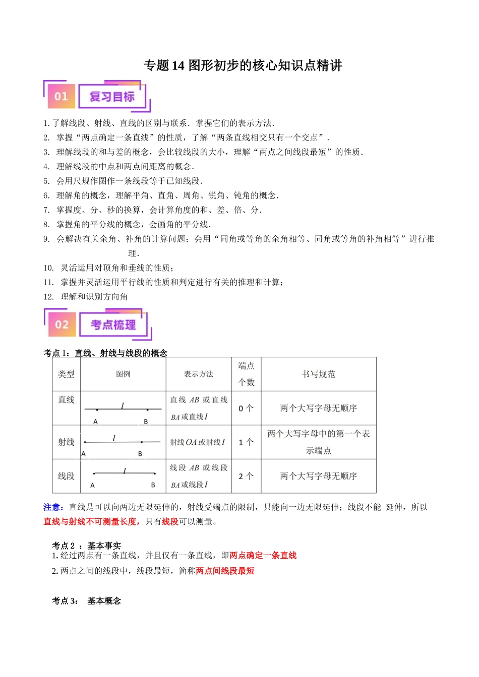 专题14 图形初步的核心知识点精讲（讲义）-备战2024年中考数学一轮复习考点帮（全国通用）（解析版）.docx_第1页