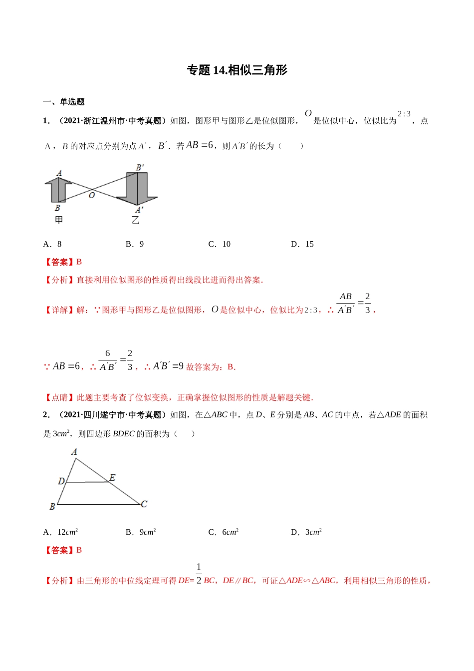 专题14 相似三角形-三年（2019-2021）中考真题数学分项汇编（全国通用）（解析版）.docx_第1页