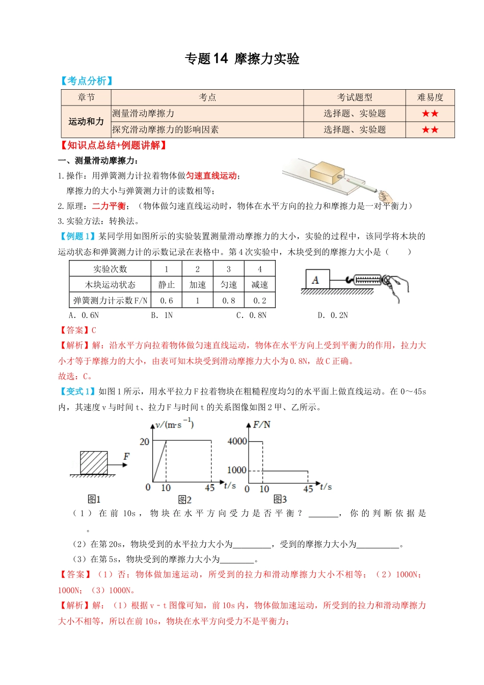 专题14摩擦力实验（知识点复习+例题讲解+过关练习）-备战2023年中考物理一轮复习考点帮 （解析版）.docx_第1页