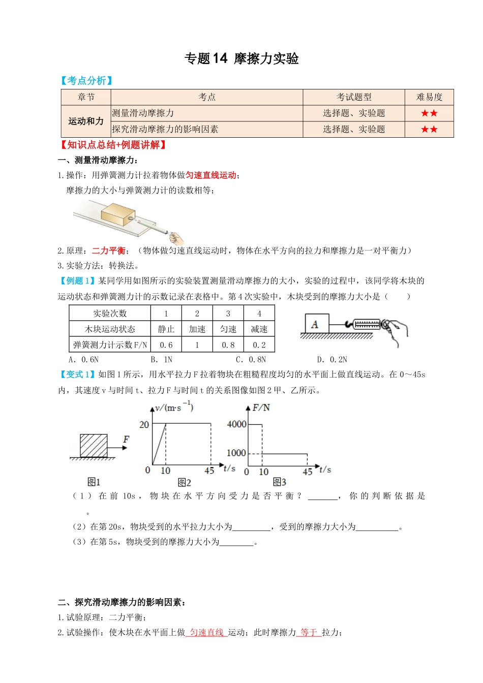 专题14摩擦力实验（知识点复习+例题讲解+过关练习）-备战2023年中考物理一轮复习考点帮 （原卷版）.docx_第1页
