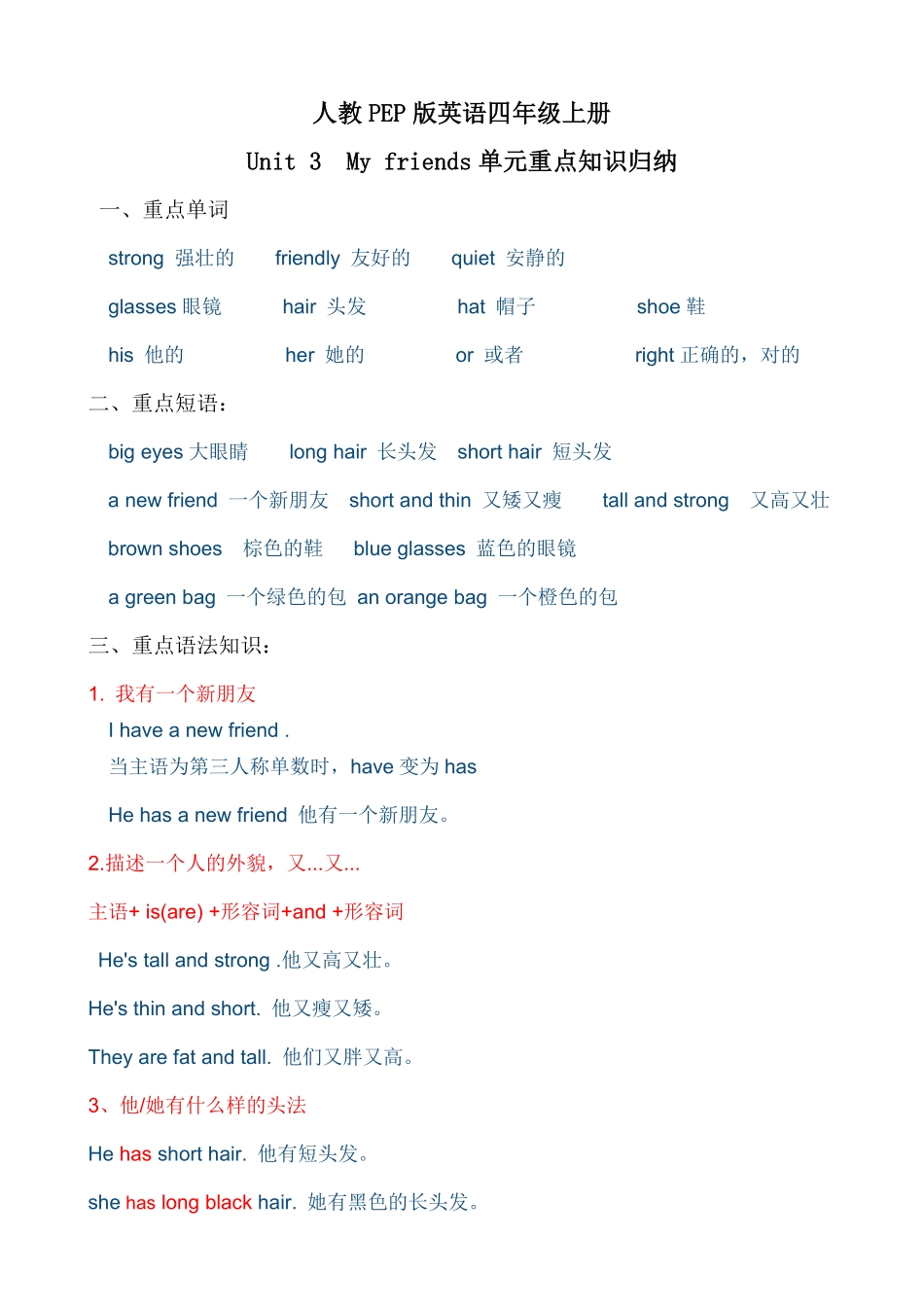 人教PEP版英语【考点一网打尽】四年级上册单元重点知识归纳-Unit3Myfriends含答案.pdf_第1页