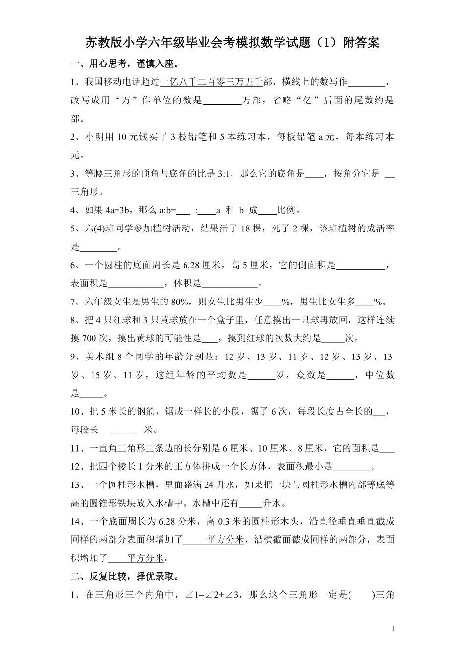 苏教版小学六年级毕业会考模拟数学试题1附答案.pdf_第1页