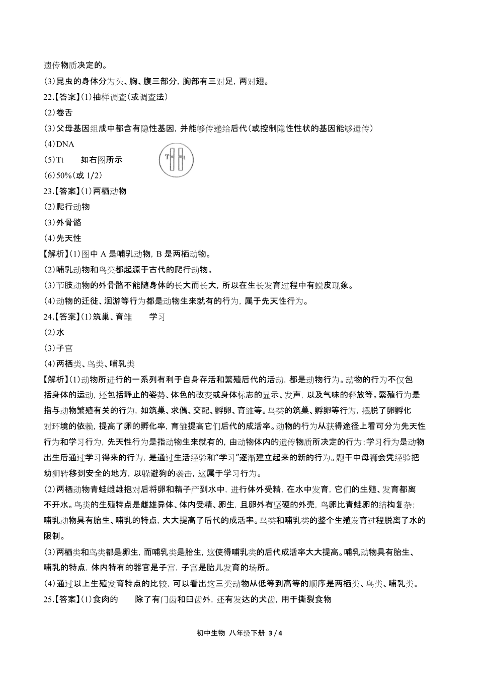 人教版初中生物八年级下册期末测试试卷含答-案答案在前2.pdf_第3页