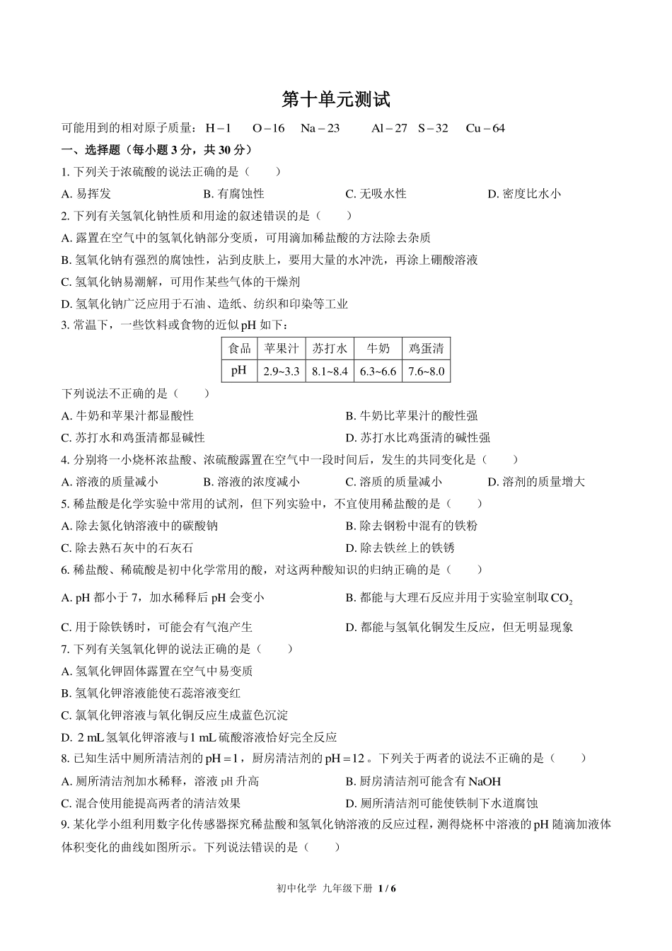人教版初中化学九年级下册第十单元测试试卷-含答案01.pdf_第1页