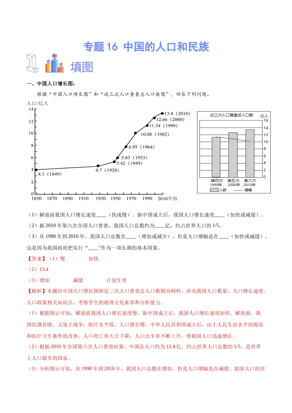 专题16 中国的人口和民族（解析版）-【识图速记】初中地理必备识图速记手册与变式演练.docx_第1页
