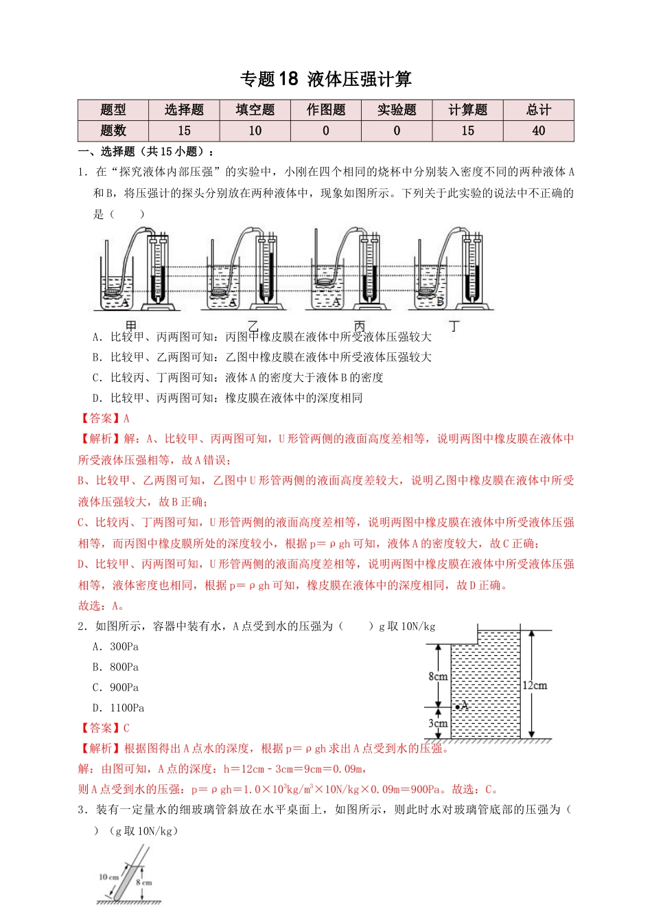 专题18液体压强计算（知识点复习+例题讲解+过关练习）-备战2023年中考物理一轮复习考点帮 （解析版）.docx_第1页