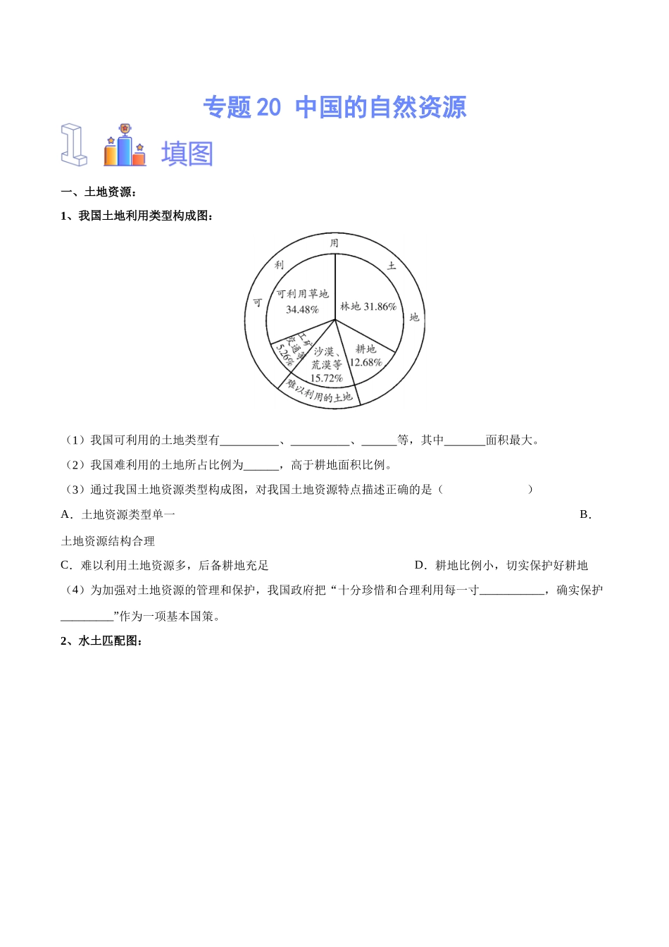 专题20 中国的自然资源（原卷版）-【识图速记】初中地理必备识图速记手册与变式演练.docx_第1页