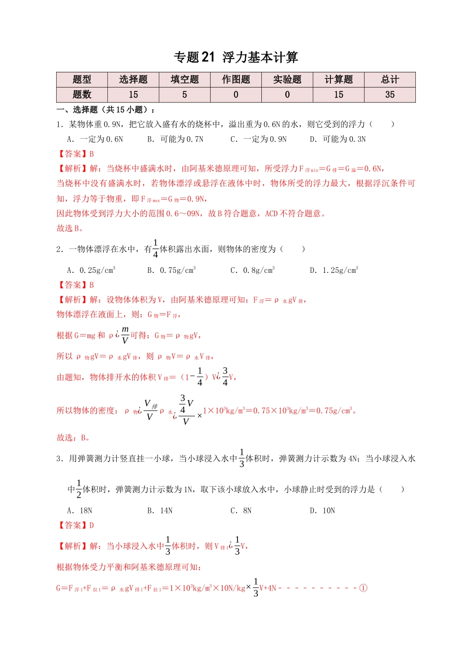专题21浮力基本计算（知识点复习+例题讲解+过关练习）-备战2023年中考物理一轮复习考点帮 （解析版）.docx_第1页