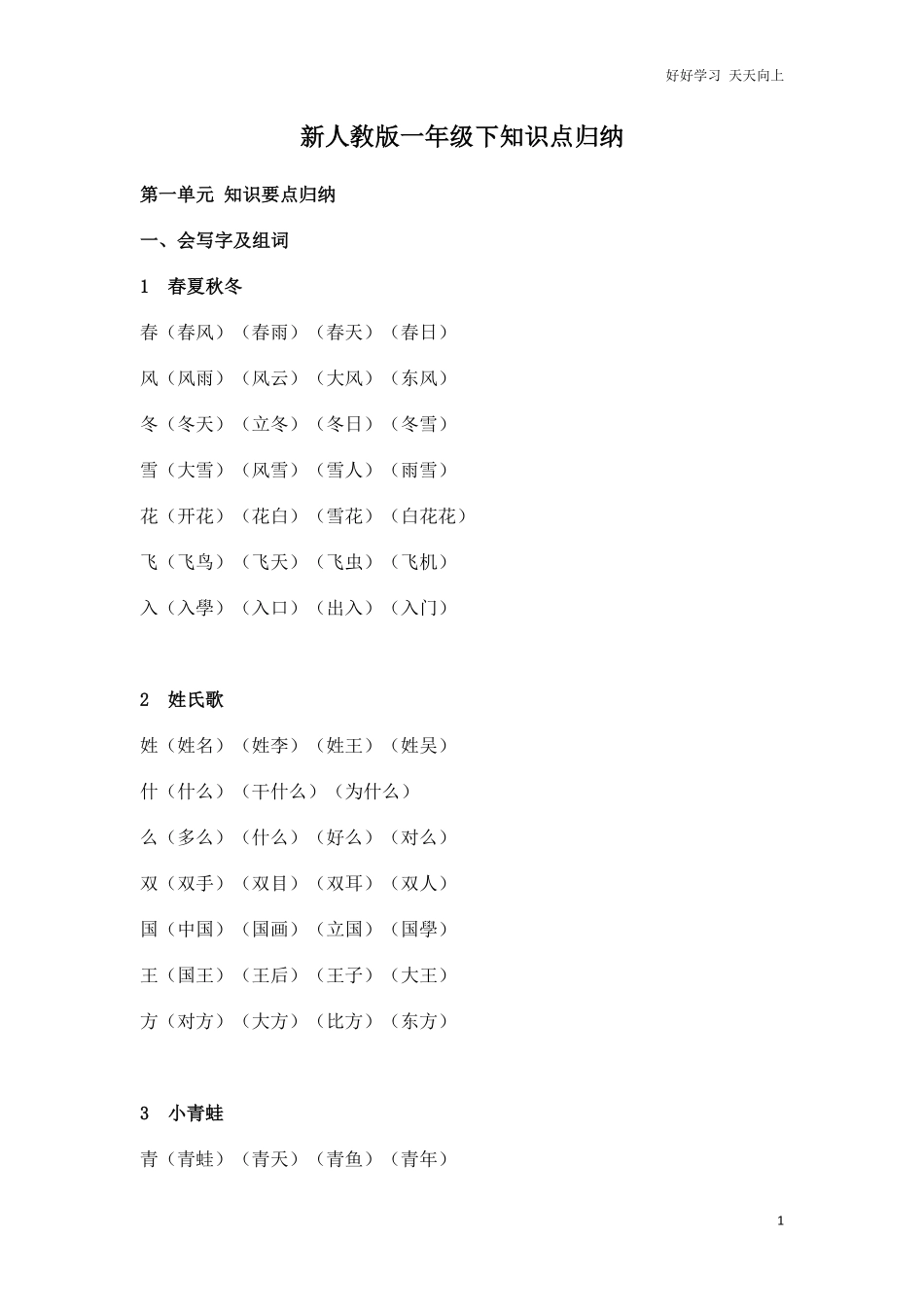 人教部编版小学语文一年级下册-【知识点归纳】-试卷含答案.pdf_第1页