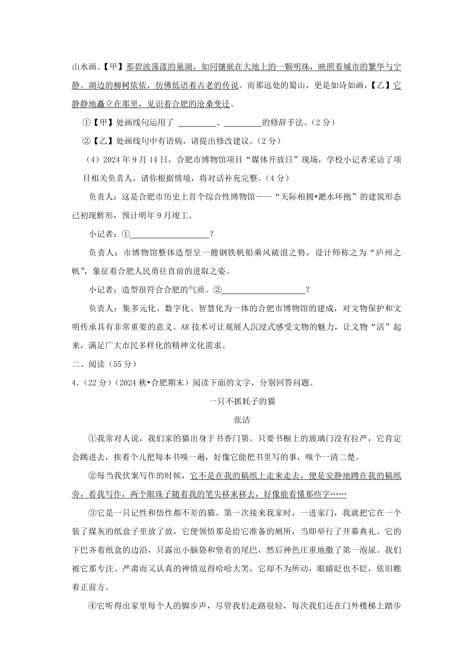 2024-2025学年安徽合肥高新区七年级上册语文期末试卷及答案.pdf_第3页