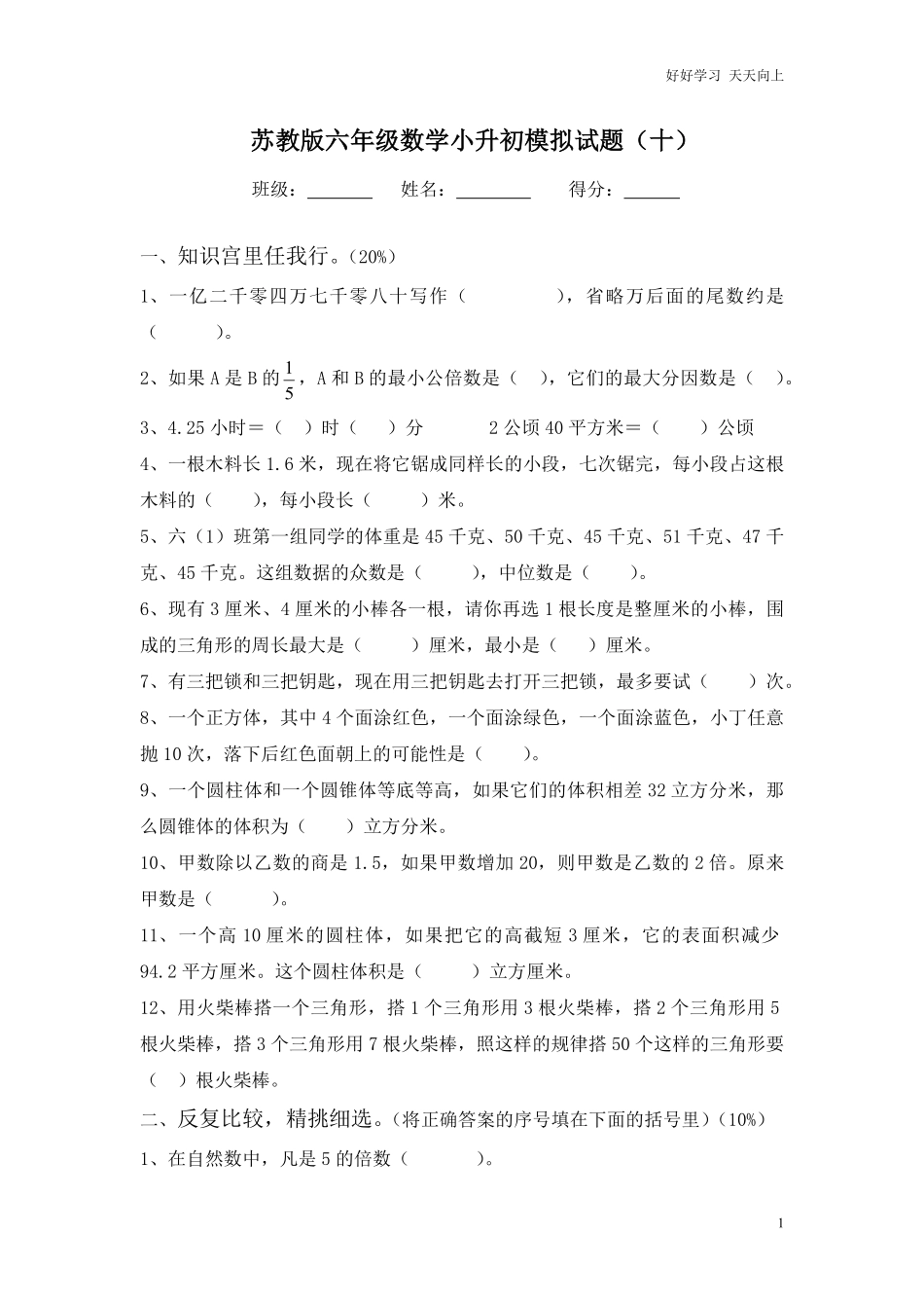 苏教版六年级数学小升初模拟试题（十含答案.pdf_第1页