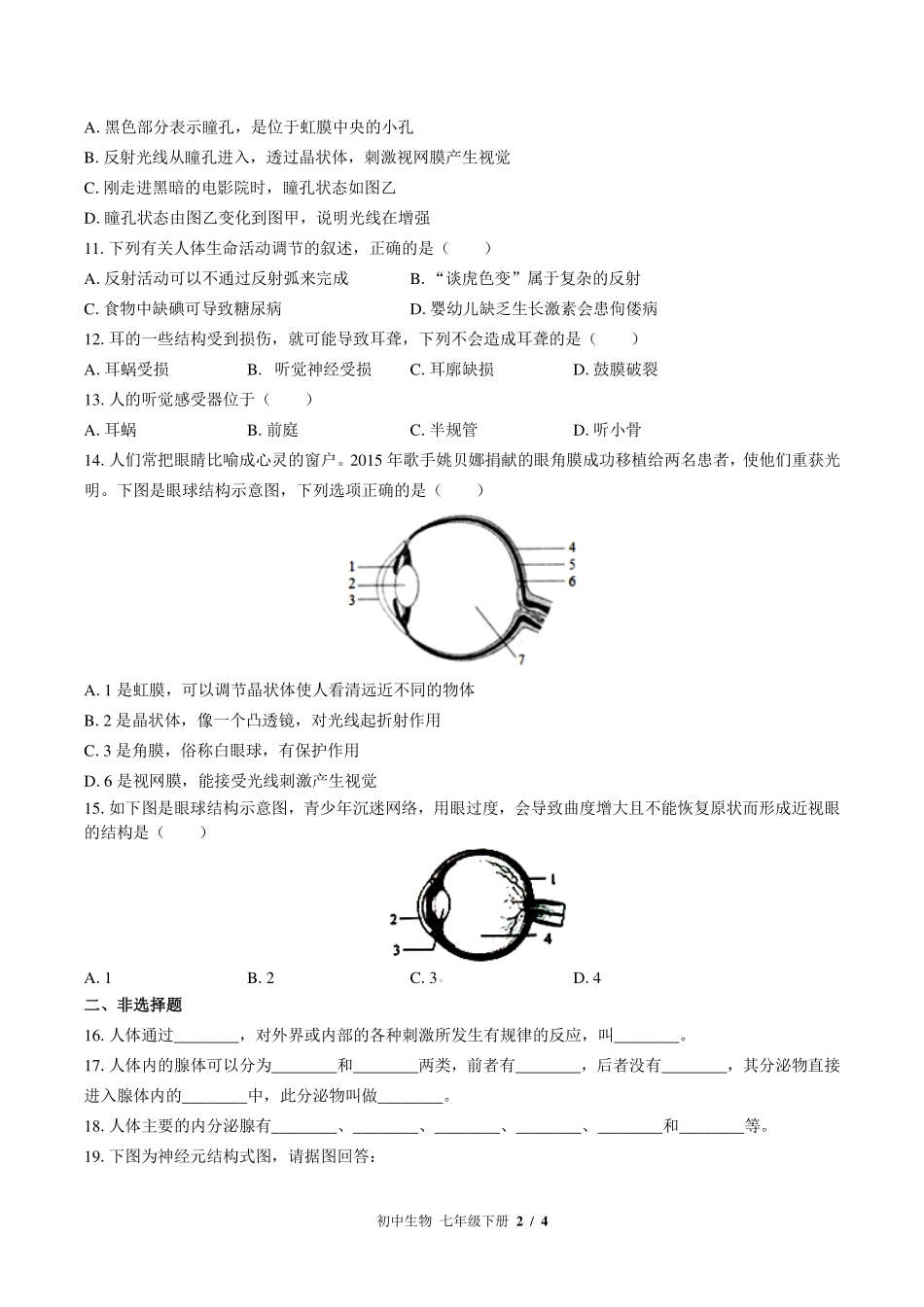 苏教版初中生物七年级下册第十二章综合测试试卷-含答案02.pdf_第2页