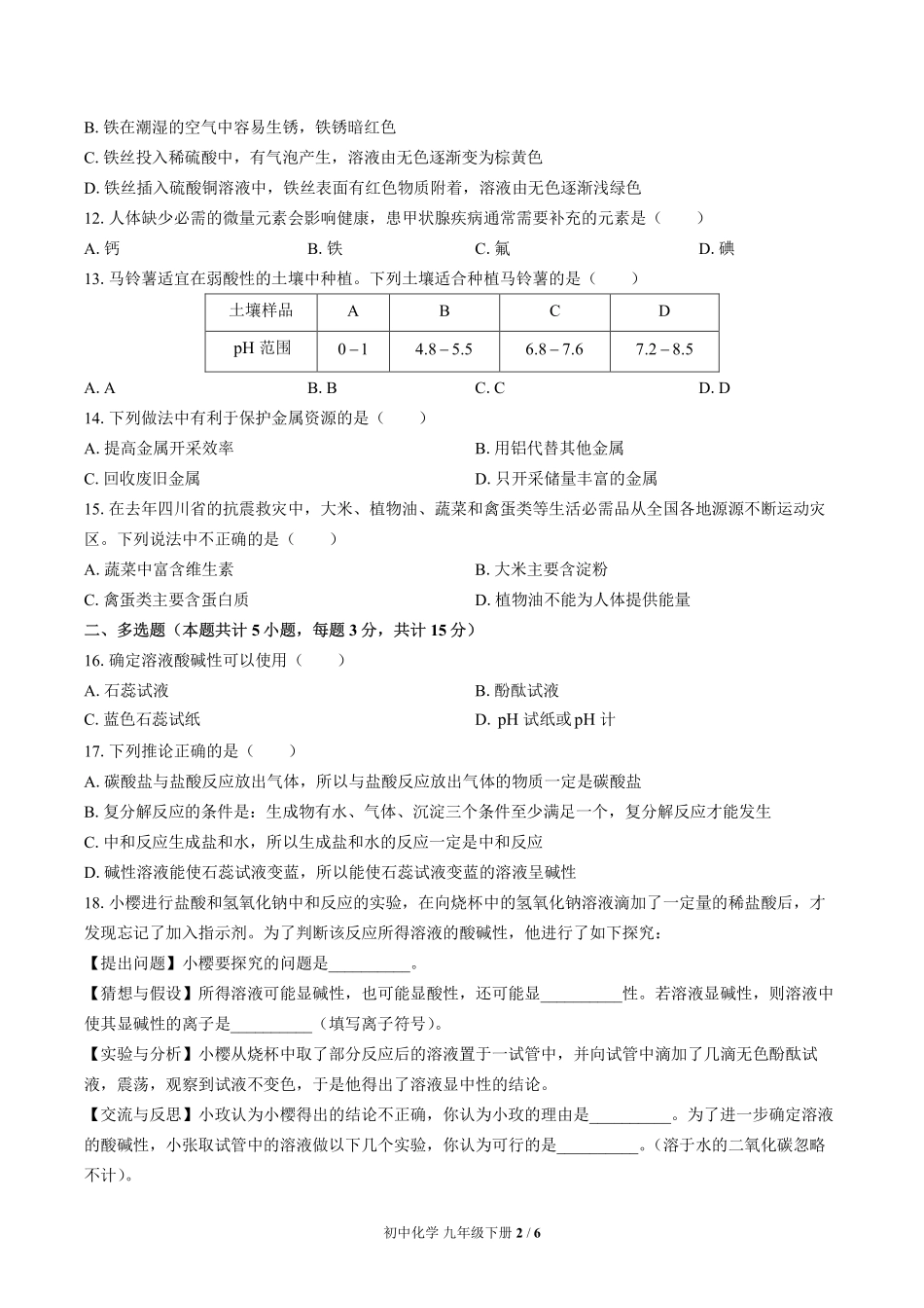 鲁教版初中化学九年级下册期末测试试卷-含答案01.pdf_第2页