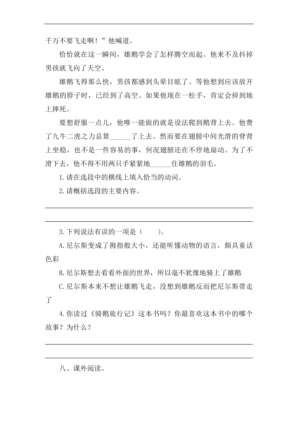 六年级下册语文部编版课时练骑鹅旅行记节选-试卷配答案.pdf_第3页