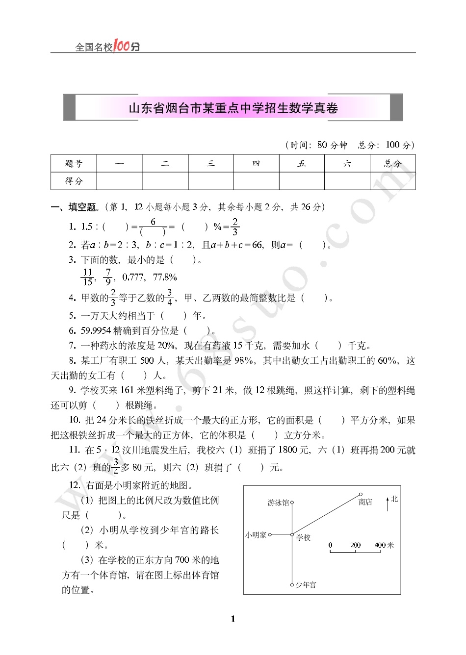 山东省烟台市某重点中学招生数学真卷含答案.pdf_第1页