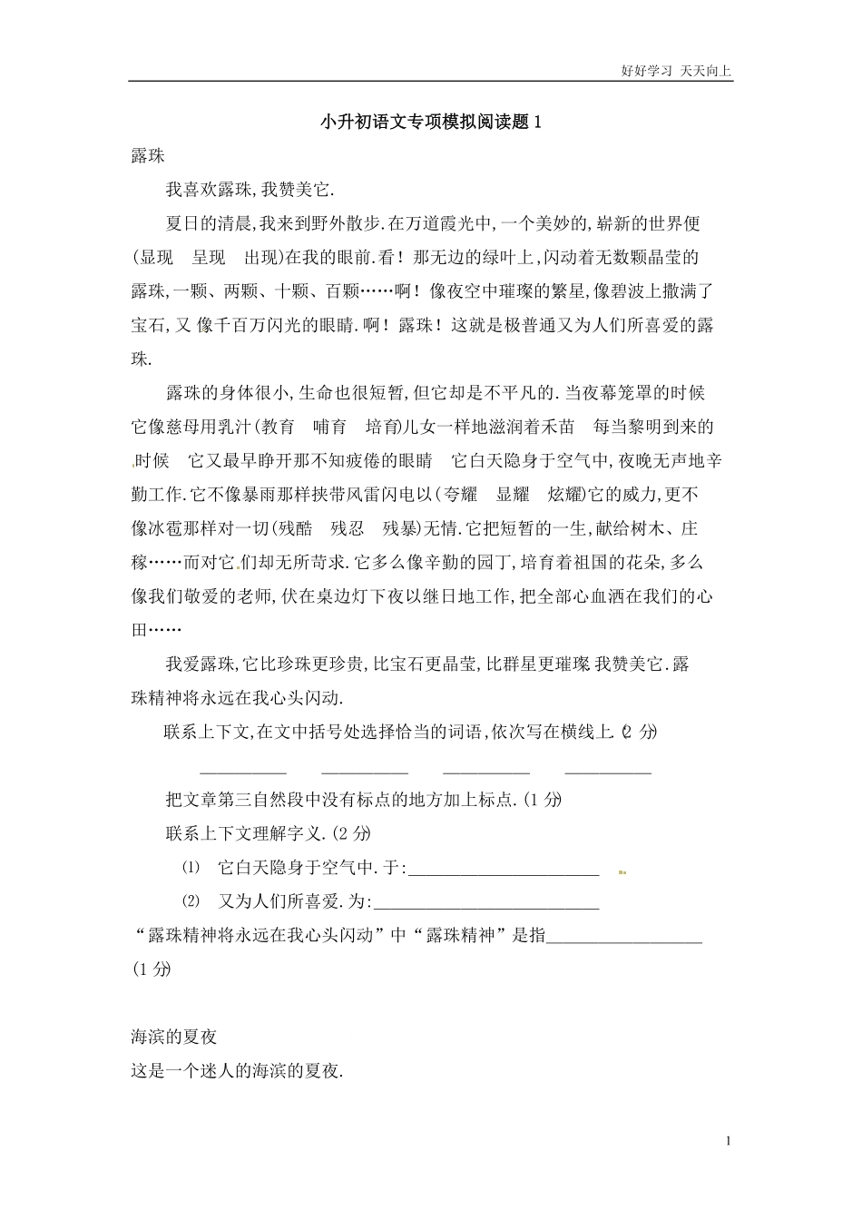 小升初语文知识点专项练习-阅读理解通用版7.pdf_第1页