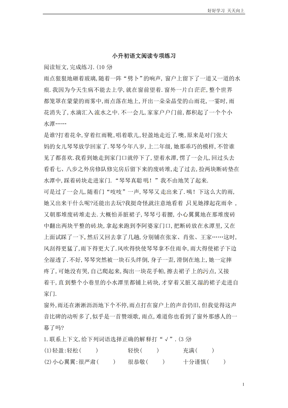 小升初语文知识点专项练习-阅读理解通用版3.pdf_第1页