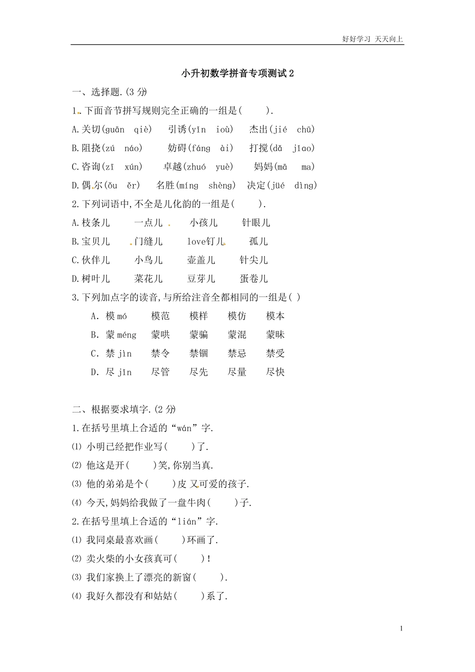 小升初语文知识点专项练习-拼音通用版1.pdf_第1页
