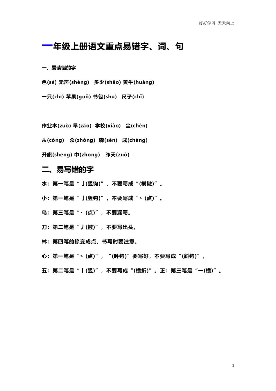 人教部编版小学生一年级上册语文重点易错字归类.pdf_第1页