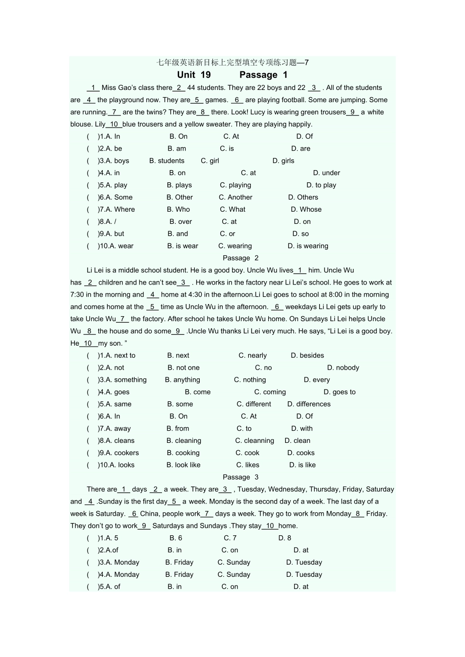 人教版英语七年级上册完型填空专项练课时练试卷7含答案.pdf_第1页