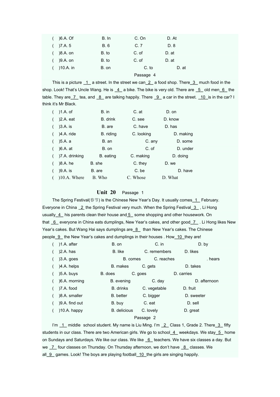 人教版英语七年级上册完型填空专项练课时练试卷7含答案.pdf_第2页