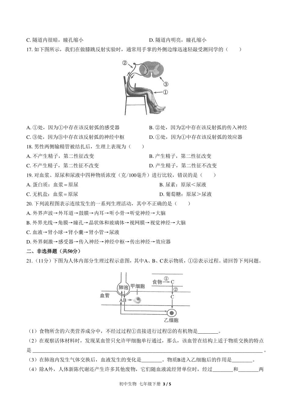 人教版初中生物七年级下册期末测试试卷-含答案01.pdf_第3页