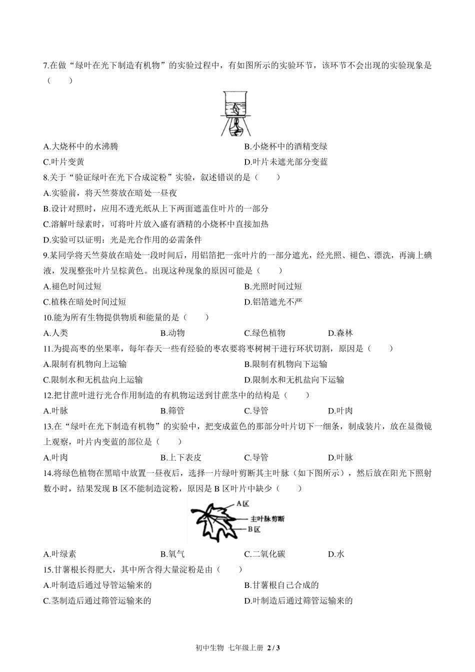 人教版初中生物七年级上册第三单元第四章综合测试试卷-含答案01.pdf_第2页
