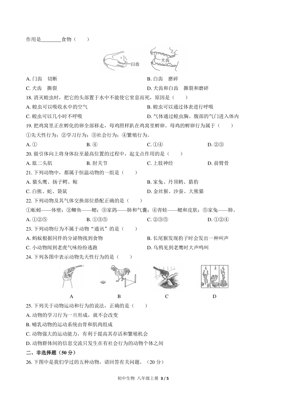 人教版初中生物八年级上册期中测试试卷-含答案03.pdf_第3页