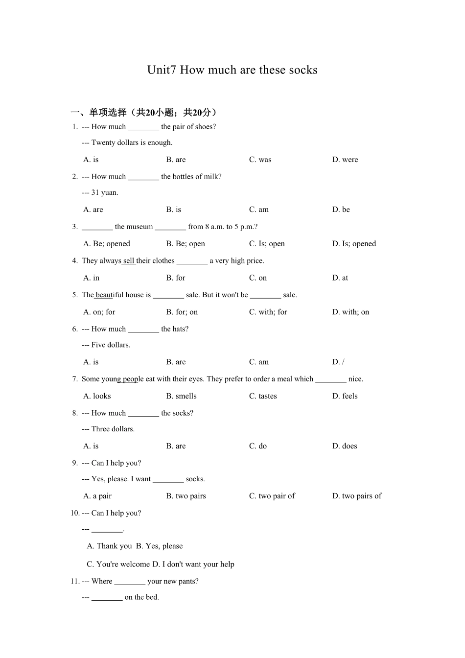 七年级英语人教版上册《Unit7Howmucharethesesocks》同步练习含答案.pdf_第1页