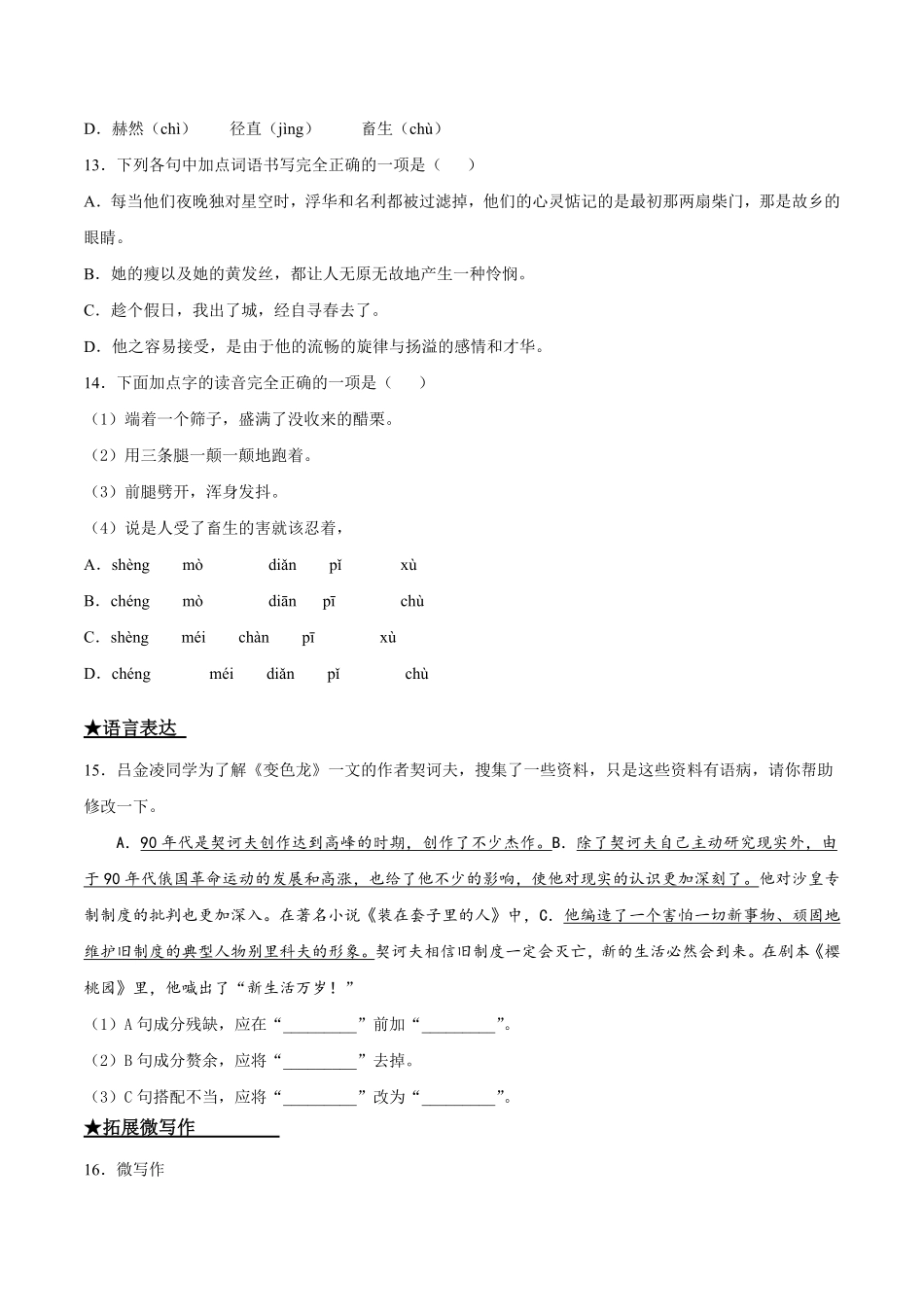 部编语文九年级下册6变色龙含答案.pdf_第3页