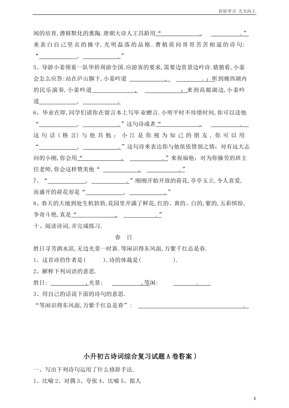 六年级下册语文小升初古诗词综合复习卷通用版（含答案.pdf_第3页