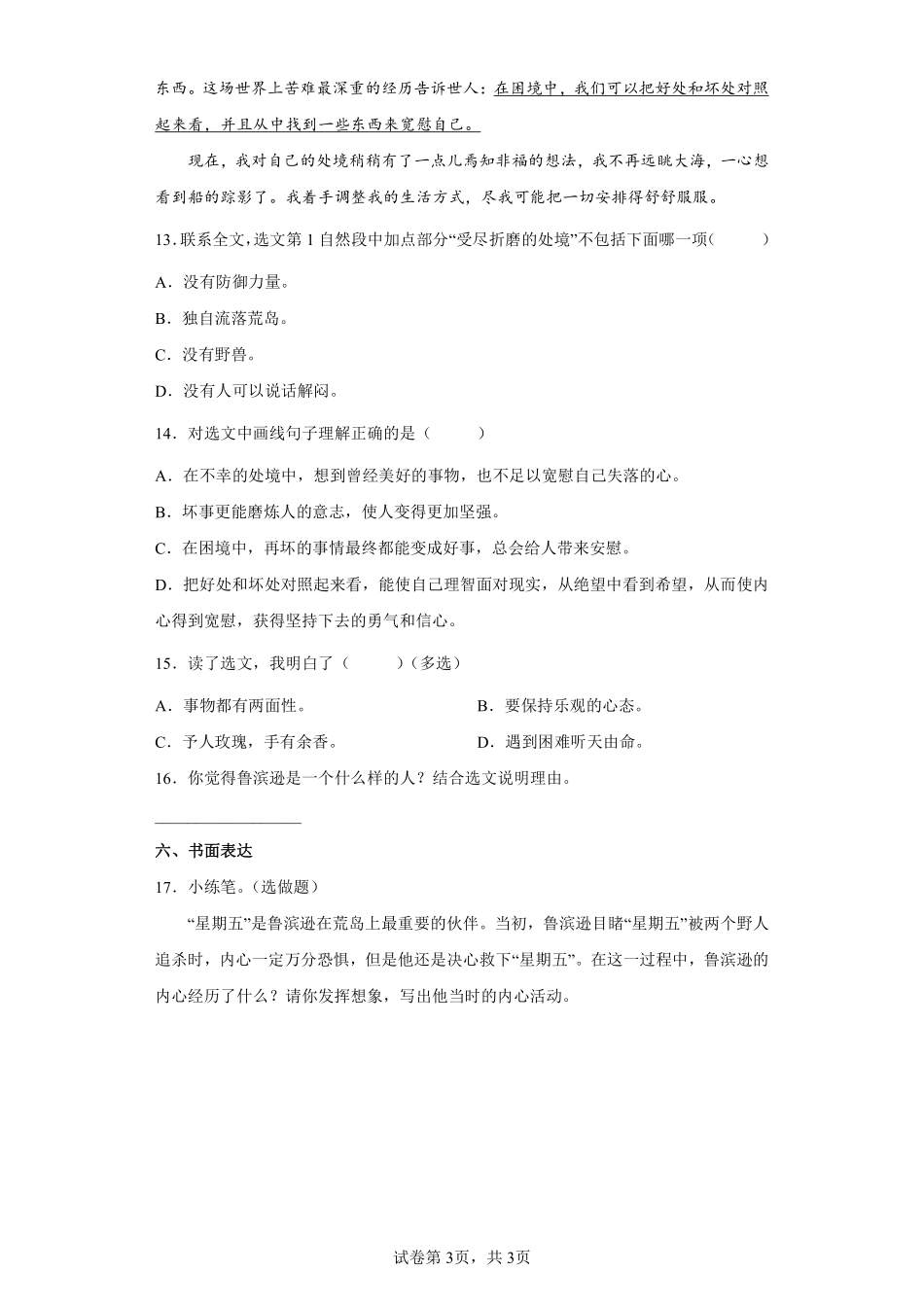 六年级下册语文部编版鲁滨逊漂流记（节选课时练习含答案2.pdf_第3页