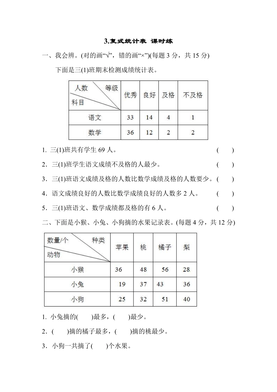 三年级下册数学人教版-复式统计表课时练6-（含答案.pdf_第1页