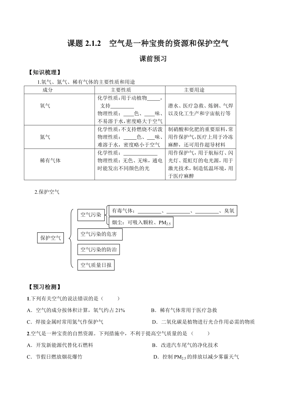 课题2.1.2空气是一种宝贵的资源和保护空气九年级化学上册同步分层作业（人教版含答案.pdf_第1页