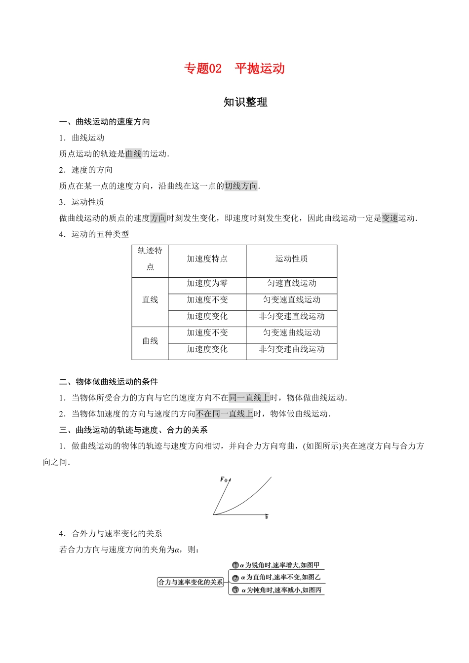 专题02抛体运动【知识梳理】高一物理下学期期中专项复习（新教材人教版含答案.pdf_第1页