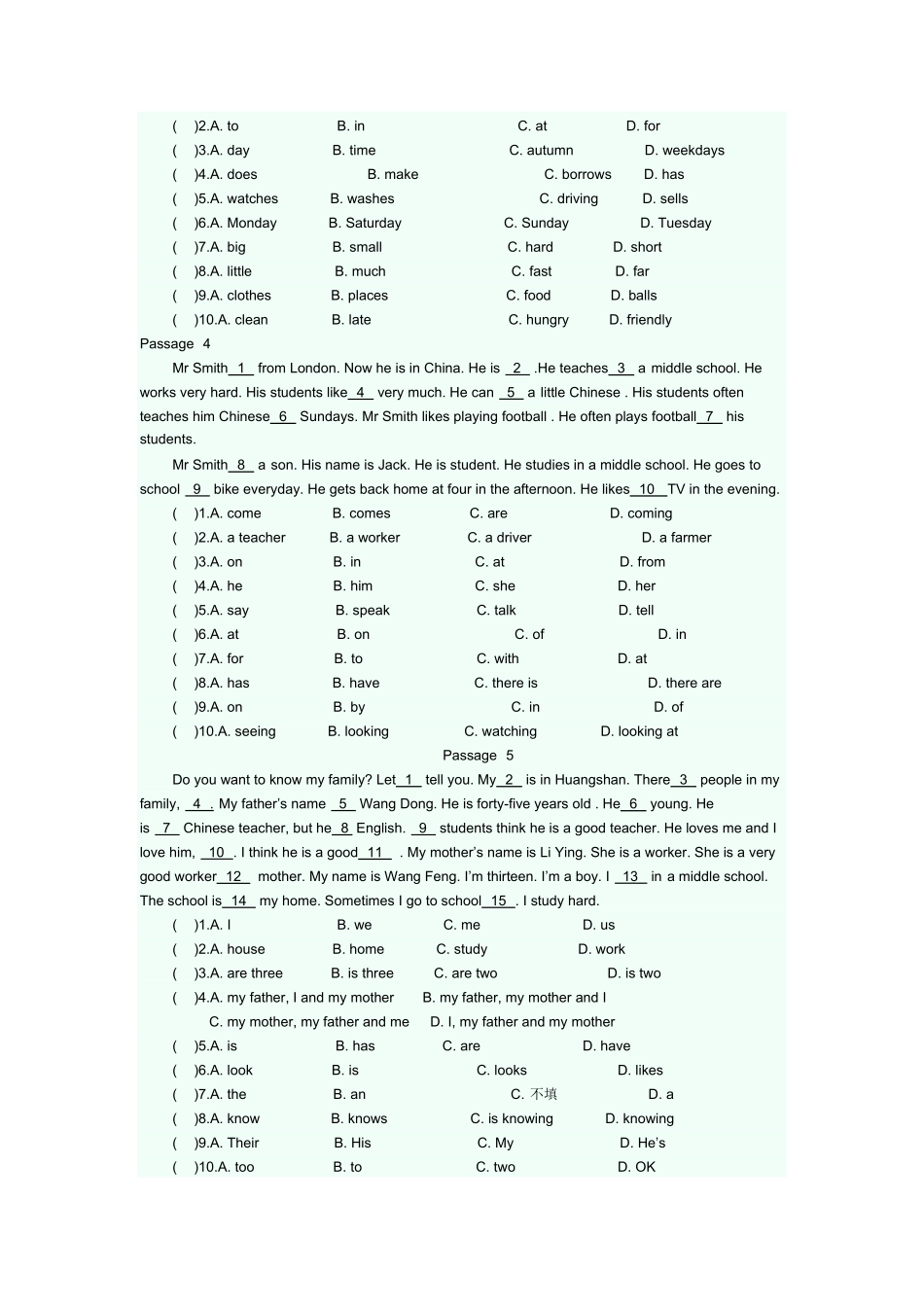 人教版英语七年级上册完型填空专项练课时练试卷8含答案.pdf_第2页