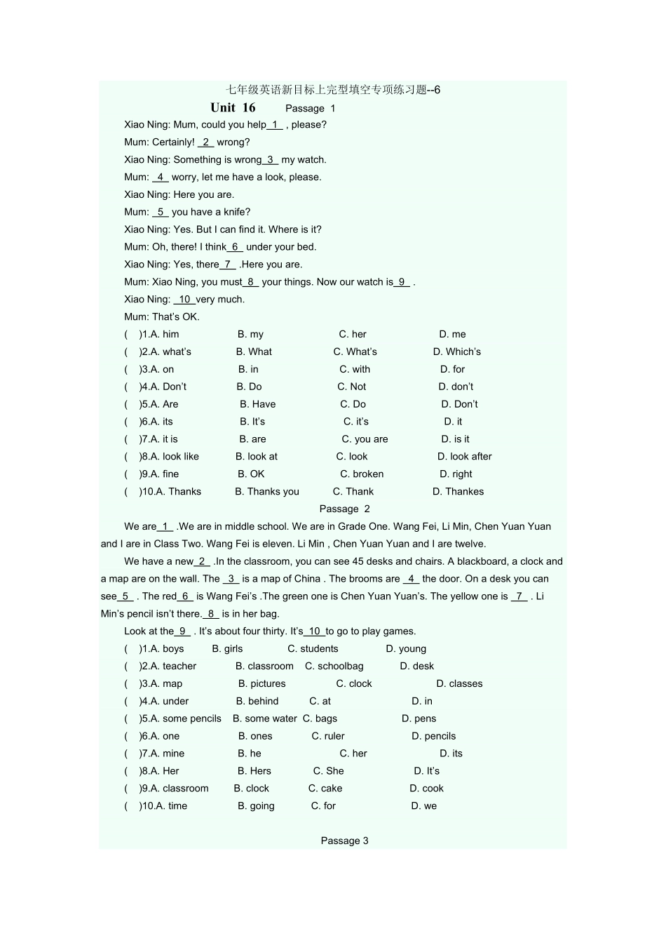 人教版英语七年级上册完型填空专项练课时练试卷6含答案.pdf_第1页