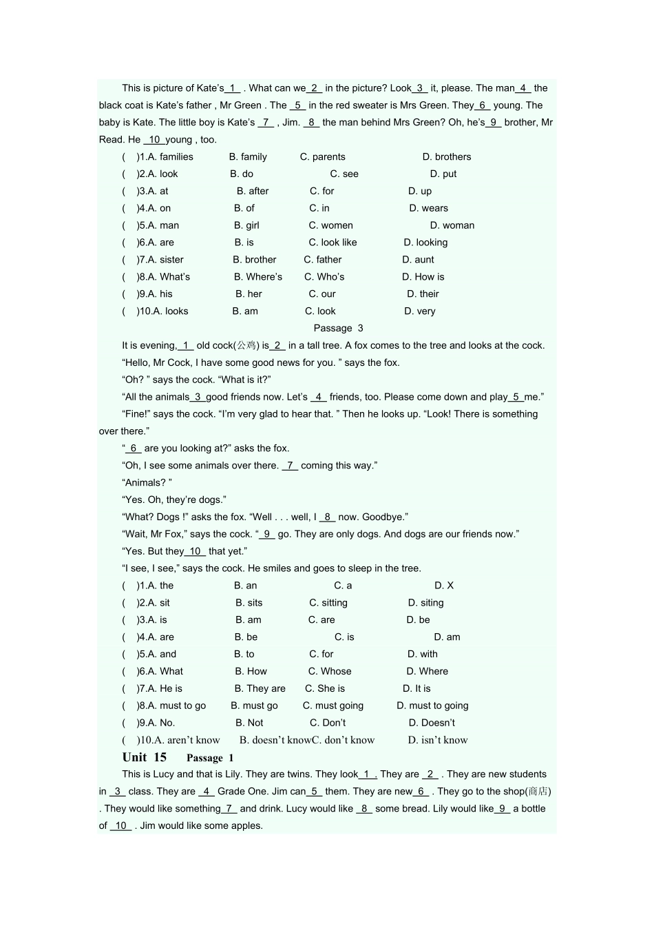 人教版英语七年级上册完型填空专项练课时练试卷5含答案.pdf_第3页