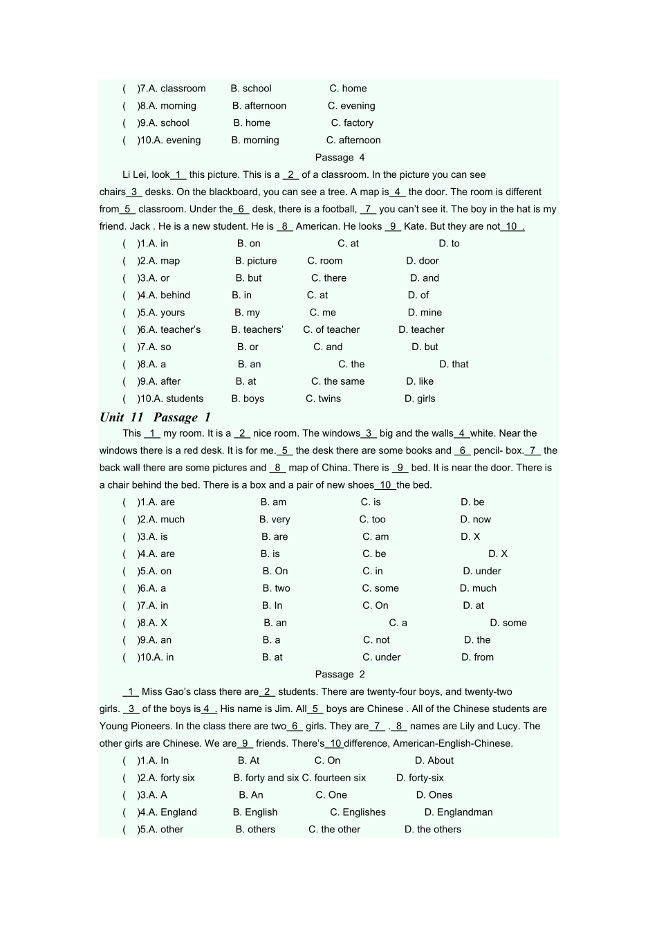 人教版英语七年级上册完型填空专项练课时练试卷4含答案.pdf_第2页