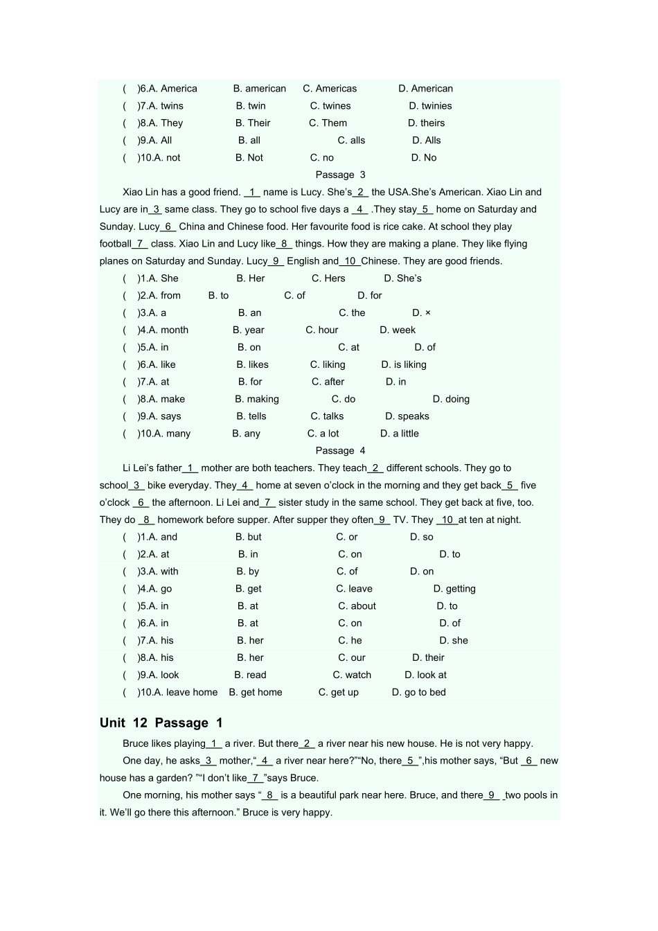 人教版英语七年级上册完型填空专项练课时练试卷4含答案.pdf_第3页