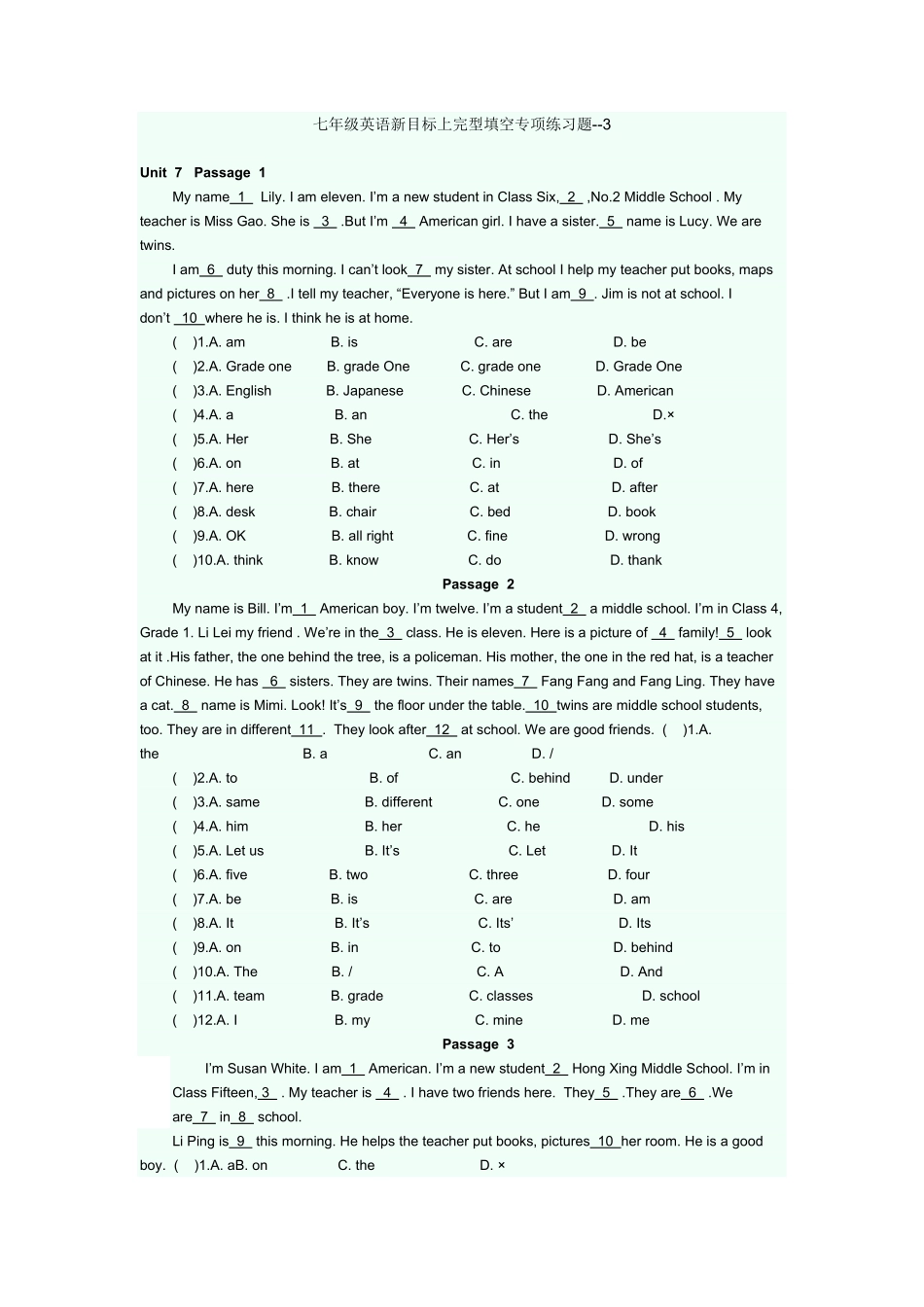 人教版英语七年级上册完型填空专项练课时练试卷3含答案.pdf_第1页