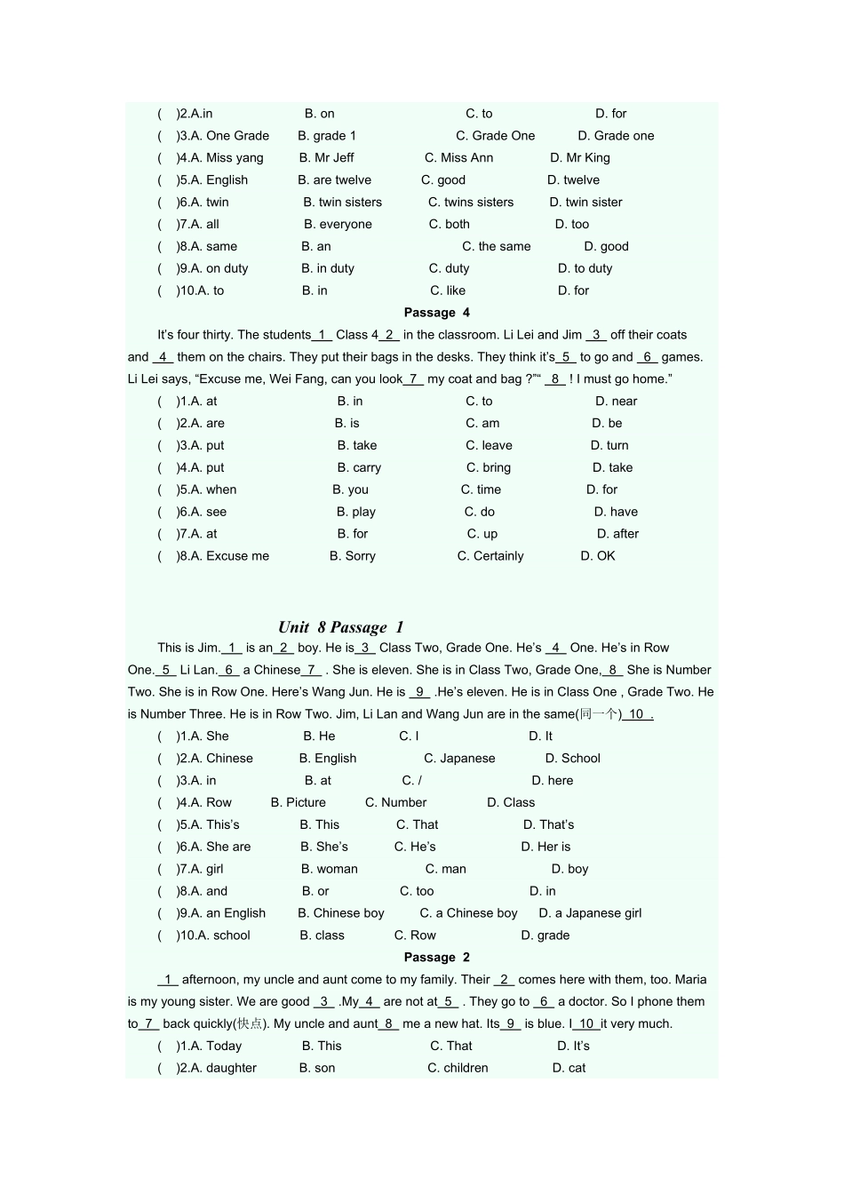 人教版英语七年级上册完型填空专项练课时练试卷3含答案.pdf_第2页