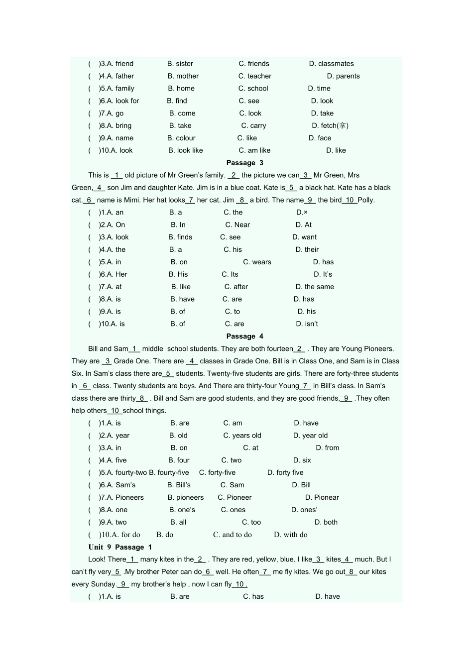 人教版英语七年级上册完型填空专项练课时练试卷3含答案.pdf_第3页