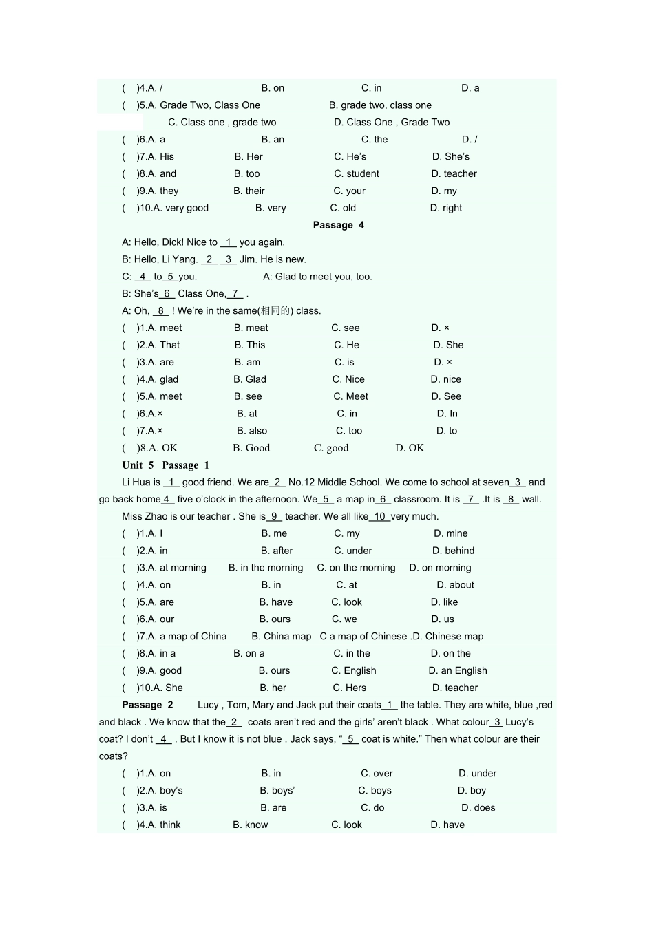 人教版英语七年级上册完型填空专项练课时练试卷2含答案.pdf_第2页